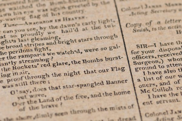 One of the verses printed in the Baltimore Patriot, with instructions to sing to the tune of “Anacreon in Heaven.”