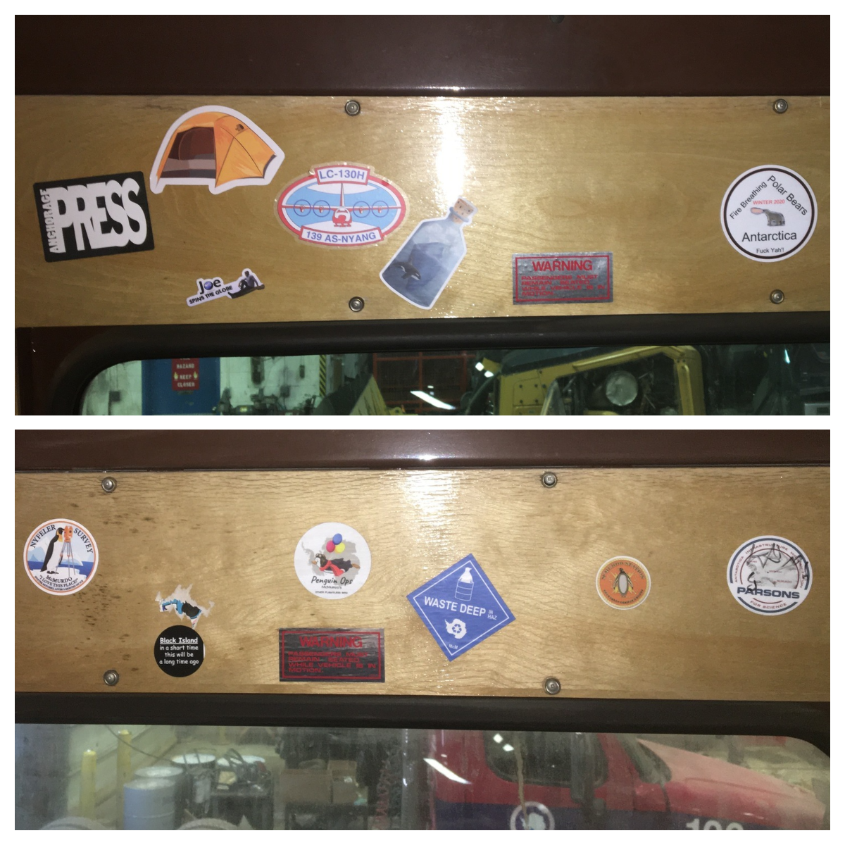Stickers plastered on the wood-paneled interior of Ivan the Terra Bus.