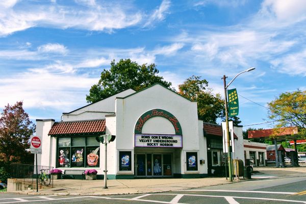 The Pelham Picture House with windows painted by local student artists in celebration of Halloween