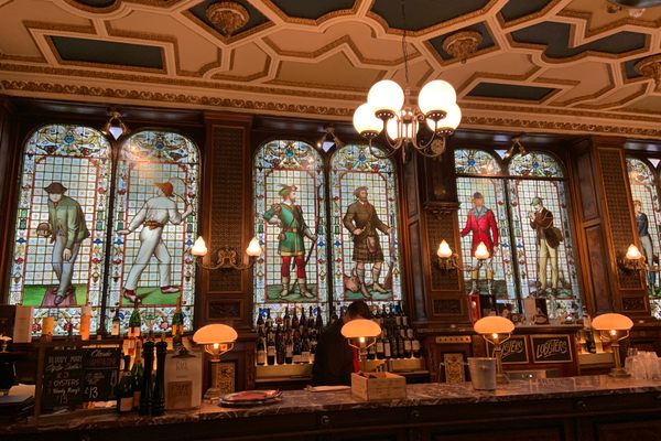 The stained glass over the restaurant’s bar.