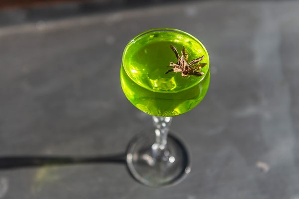 A cocktail made with Waldmeister, the “forest master” known in English as sweet woodruff.