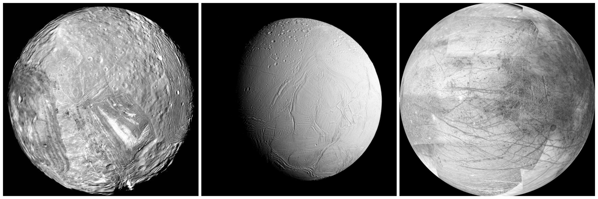 Uranus's moon Miranda (left), Saturn's moon Enceladus (center), and Jupiter's moon Europa (right) are three of the moons in our solar system suspected to have oceans of liquid water beneath their outer surfaces.