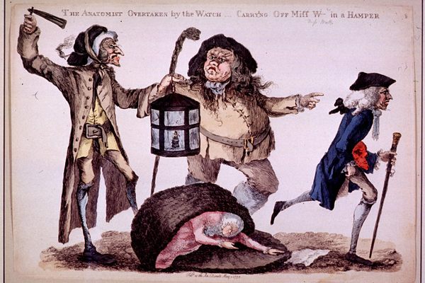 “The Anatomist overtaken by the Watch carry’ng off Miss W in a hamper.” William Austin, 1773.