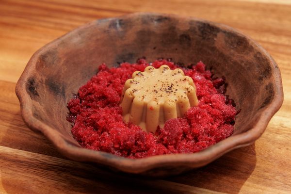 For dessert, the nicuatole, a pre-Hispanic corn-thickened gelée, accompanied by a prickly pear granita. 
