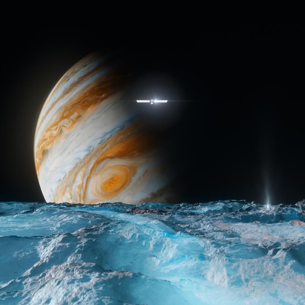 An artist’s rendering of NASA’s Europa Clipper passing over the ice-covered moon Europa as it orbits Jupiter. The spacecraft is scheduled to reach Jupiter in 2030.