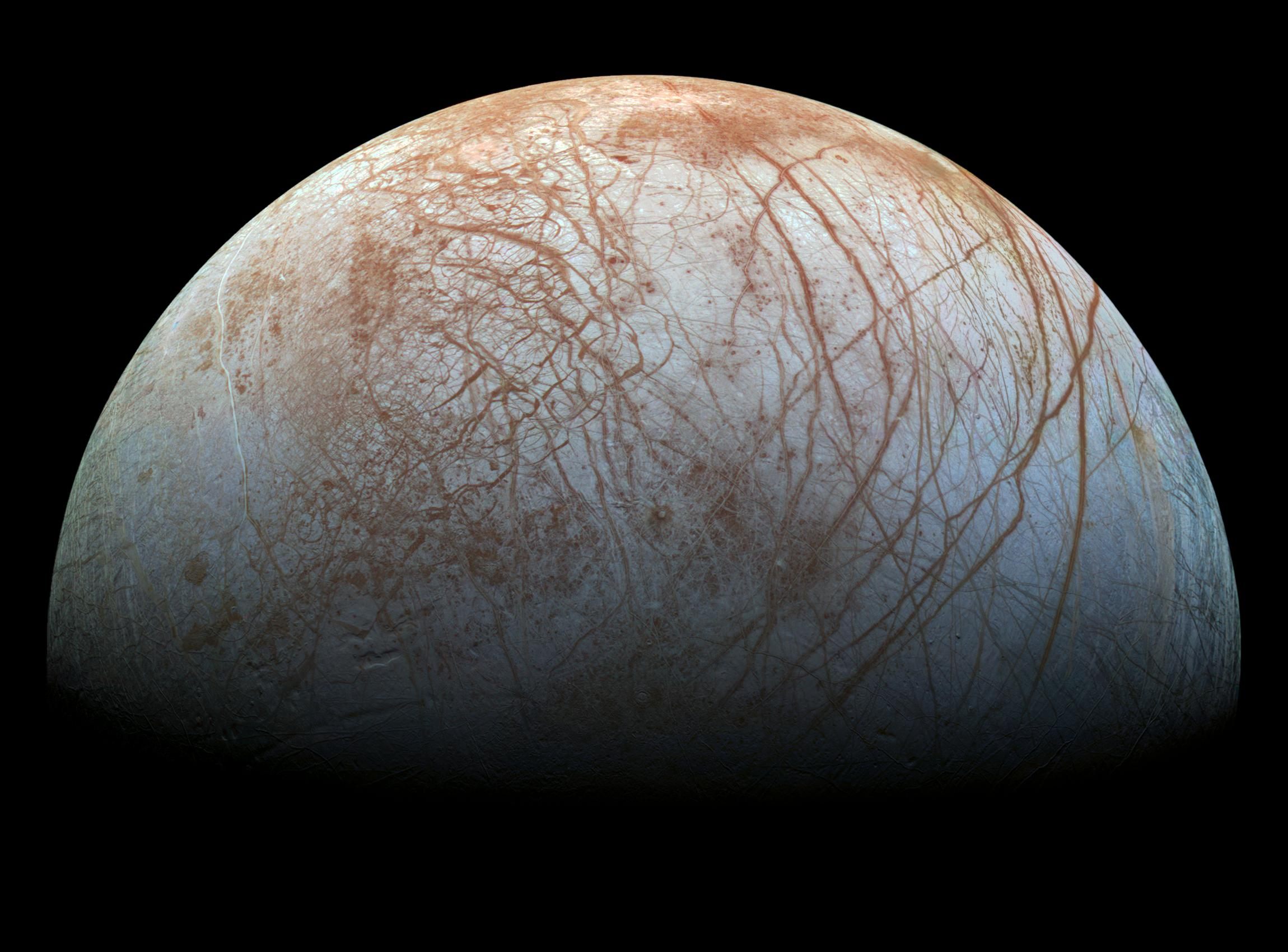A view of Europa's icy surface made using images taken by NASA Galileo spacecraft in the late 1990s.