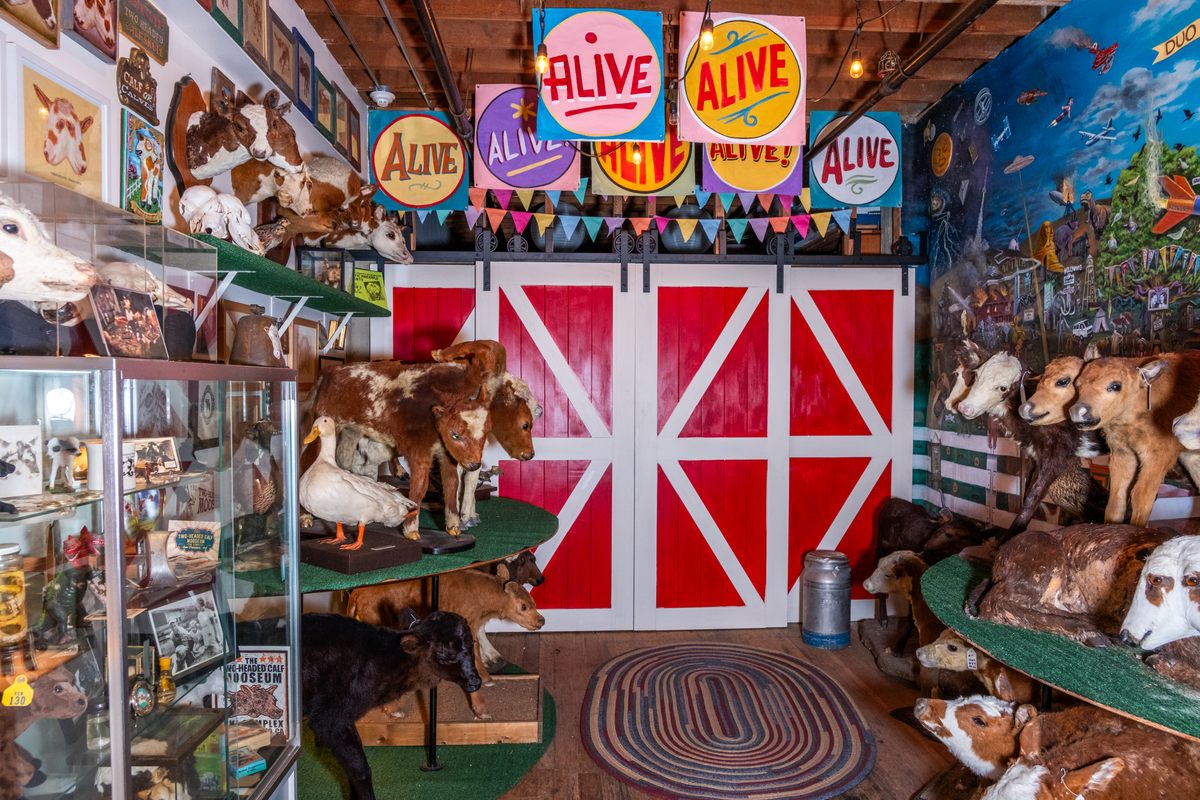 Los Angeles-based production designer Gregg Gibbs worked with Rosenthal to curate the museum, which is filled with hand-lettered signs and turf-covered display stands.