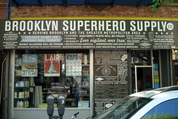 The outside of The Brooklyn Superhero Supply Company.