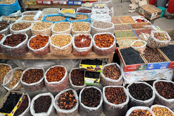 Apricots, figs, prunes, dates, and raisins among the masses of dried fruit available.